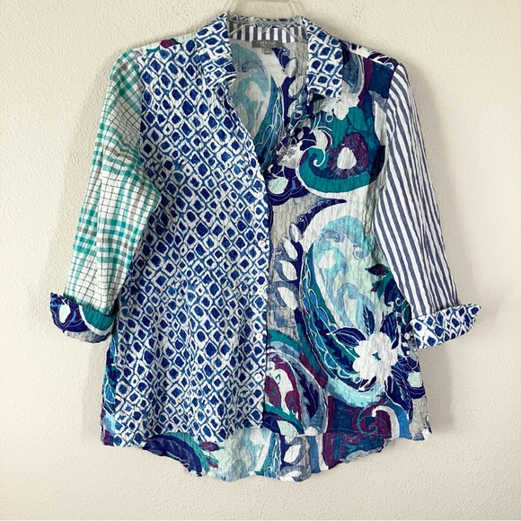 HABITAT Patchwork Button Up Shirt Blouse S Artsy Vacation Spring Boho Lagenlook - Picture 2 of 12